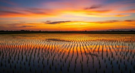 Dramatic sunset over the rice field with water reflection in the evening