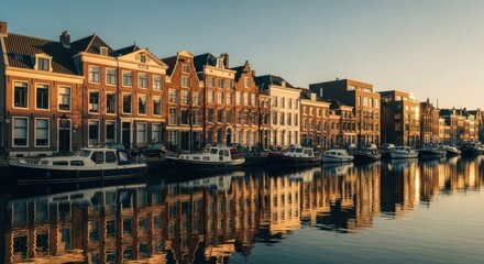 Naklejka premium Classic European architecture along a city canal. Traditional Dutch houses with water reflections. Boats moored for urban transport. Golden hour light on a historic cityscape