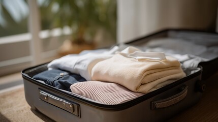 Detail shot of neatly packed suitcase with clothes and travel essentials — representing efficient packing, modern wanderlust, and aspirational travel photography for lifestyle blogs or social