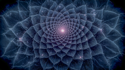 Intricate Geometric Fractal Pattern with Luminous Center in Dark