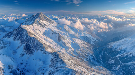 Majestic Snow-Covered Mountain Peaks and Clouds in Serene Blue S