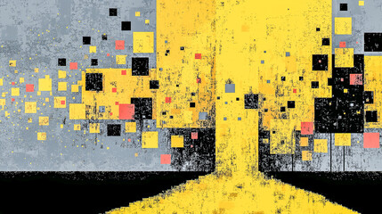 Abstract Digital Art with Yellow and Black Geometric Squares on