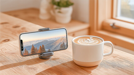 Cozy Winter Morning with Coffee and Mobile Phone Showing Scenic