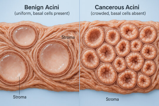 Comparison of Benign and Cancerous Acini: An In-Depth Look at Cellular Structures Highlighting Differences in Cell Arrangement and Composition