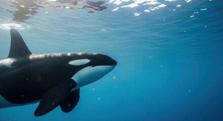 Orca whale swimming in the deep blue ocean. Underwater perspective of a powerful marine mammal. Wildlife in its natural habitat. A concept for nature conservation and aquatic exploration