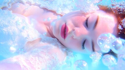 Fototapeta premium Relaxed young woman floating in serene water, soft waves surrounding her, highlighting tranquility and beauty, ideal for wellness themes.