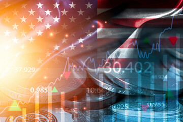 Double exposure of American flag with financial chart coins and currency showing concept of US economy growth forex trading stock market , USA investment and financial analysis concept.