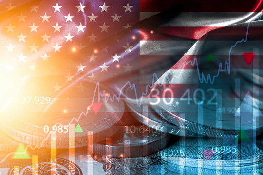 Double exposure of American flag with financial chart coins and currency showing concept of US economy growth forex trading stock market , USA investment and financial analysis concept.