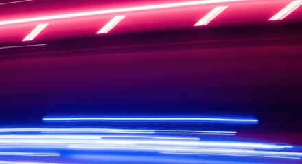 Abstract neon light trails in motion. Dynamic energy and speed concept. Futuristic technology and data visualization. Vibrant pink and blue glowing lines for modern marketing design