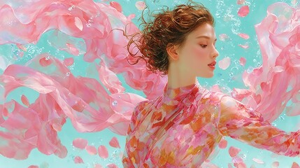 Elegant dancer posing gracefully, young woman in vibrant pink attire with flowing fabric, dynamic abstract backdrop, artistic expression.