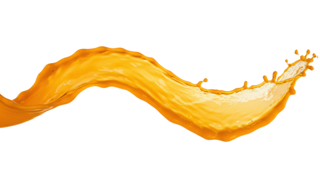Dynamic macro shot of vibrant orange juice splash, showing detailed texture and droplets, frozen mid-air on transparent studio background. Concept for beverage advertising