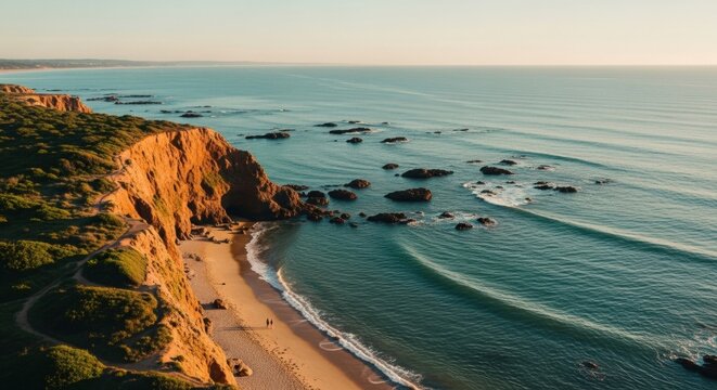 Aerial coastal scenery with golden cliffs. Couple enjoying a romantic walk on a sandy beach. Serene ocean waves and expansive horizon. Travel destination and nature escape concept - Powered by Adobe