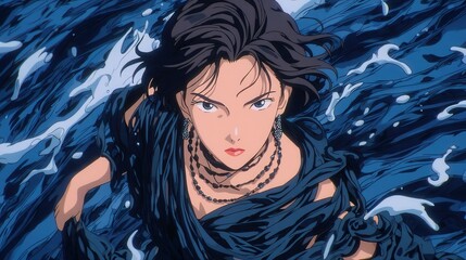 Young hero in a dynamic action scene, anime character with dark hair and intense expression, waves crashing around, adventurous theme.