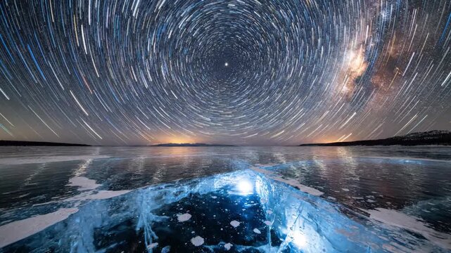 Hypnotic night timelapse of star trails swirling above a cracked frozen lake, low angle on glowing ice as the surface creaks and &ldquo;sings&rdquo; in the cold air. generative AI