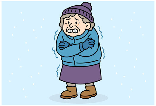 Elderly woman shivering in cold winter wearing coat hat and boots for health and safety awareness illustration