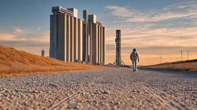 Solitary Stroll Towards Industry: A solitary figure embarks on a journey along a gravel path, drawn towards towering industrial structures against a serene sky.