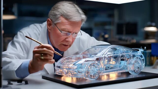 Automotive Engineering: A focused engineer, donned in a lab coat, meticulously examines a transparent car model in a well-lit workshop.