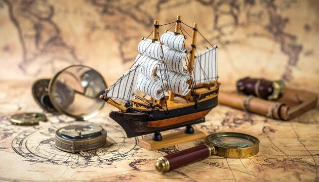 Historic sailing ship model with white sails on aged map surrounded by vintage navigation tools for editorial maritime photography exploration decor and poetic voyage-themed visuals