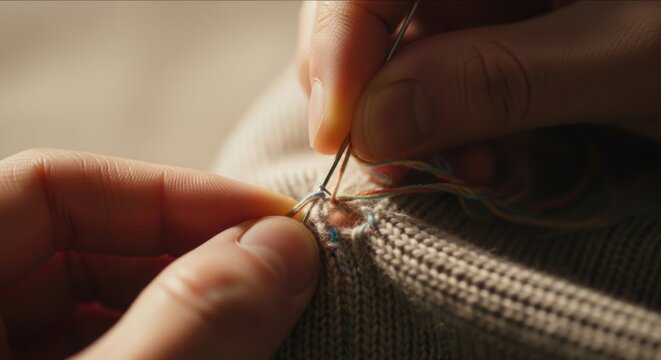 Close up of hands mending a hole in knitwear. Visible darning with colorful thread for sustainable fashion. Traditional craft and DIY clothing repair skill. Upcycling concept