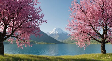 Pink blossom trees frame a snowy mountain over a lake under a clear, blue sky