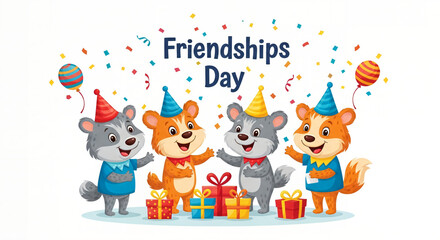 Cheerful cartoon animals celebrating Friendships Day with gifts and balloons for festive holiday fun
