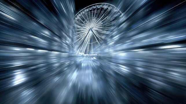 Dynamic long exposure capture of spinning ferris wheel at night urban cityscape light trails blurred motion