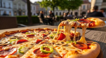Pizza with melted cheese pull, outdoors on table in plaza, eating outside