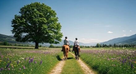 Fototapeta premium Two female friends horseback riding on a country trail. Scenic summer landscape with a wildflower meadow. Outdoor adventure and leisure lifestyle concept for tourism and wellness