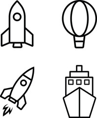 Rocket Balloon and Ship Transport Icons in Line Style.