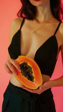 A woman in a black top holds a bunch of papanas, a popular fruit