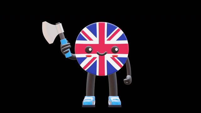 Cute 3D United Kingdom flag mascot wearing helmet and holding axe symbolizing construction, woodwork, and labor work.