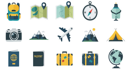 Collection of flat design travel and adventure icons including backpack, map, compass, camera, airplane, tent, passport, suitcase, and globe