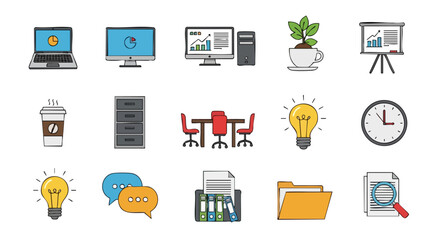 Collection of office and business icons representing various aspects of work and productivity