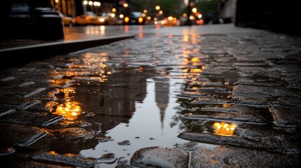 Obraz premium Reflections of a dreamy cityscape in puddles after rain urban environment photography aesthetic viewpoint
