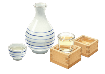 Watercolor illustration of traditional japanese sake ware: white porcelain tokkuri and hinoki masu cups overflowing with sake, against a stark white background. Concept of wabi-sabi elegance