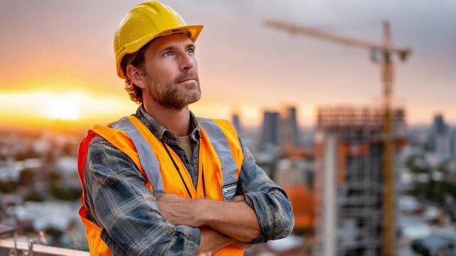 Construction worker at Sunset: A determined construction worker stands atop a skyscraper, surveying his domain, framed by the warm embrace of the setting sun and the majestic skyline.