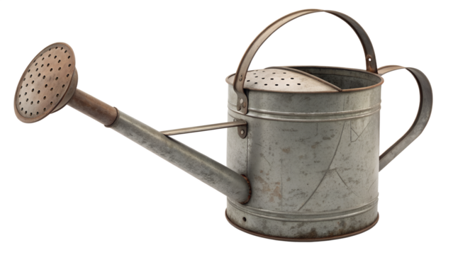 Vintage galvanized metal watering can with a long spout and sprinkler head, isolated on transparent background