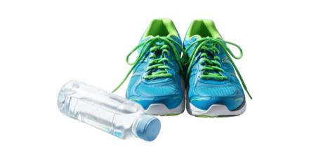 Pair of blue and green running shoes with matching laces and a clear plastic water bottle, isolated on white background, symbolizing fitness, exercise, and healthy lifestyle, PNG image.

