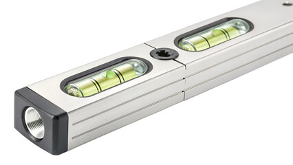 Closeup of a metal spirit level with two bubble vials showing it is level, isolated on transparent background