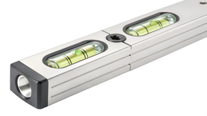 Closeup of a metal spirit level with two bubble vials showing it is level, isolated on transparent background