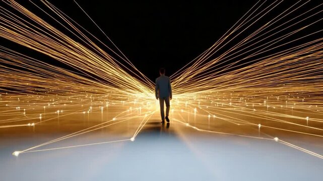 Navigating the Digital Frontier: A solitary figure embarks on a journey through a luminous network of data streams, symbolizing the ever-evolving landscape of technology and human connection.