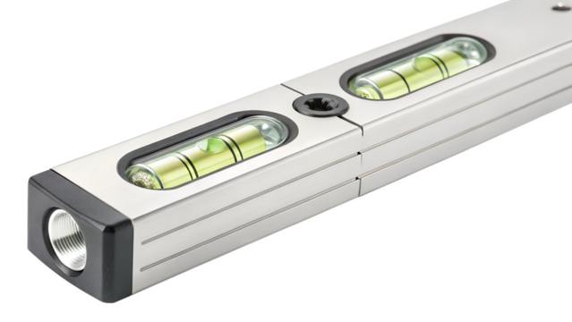 Closeup of a metal spirit level with two bubble vials showing it is level, isolated on transparent background