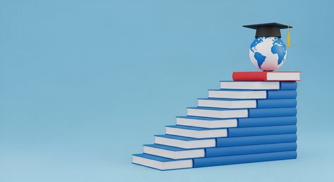 Staircase of Books with Globe and Graduation Cap education