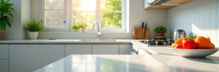 A sparkling clean kitchen, countertops wiped down, sink gleaming, appliances polished  Ready for the next meal preparation  Spotless surfaces radiate a sense of calm and order ,  space,  light