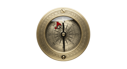 Antique brass compass with detailed cardinal directions, isolated on white background, symbolizing navigation, exploration, adventure, and travel, perfect for educational or design projects, PNG image
