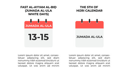 Jumada Al Ula calendar icon highlighting the Ayyam Al Bid or White Day fast (13-15) and indicating its place as the 5th month of the Hijri Calendar.