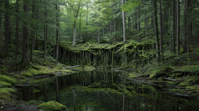 Lush forest with mossy roots over a tranquil pond