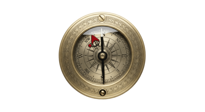 Antique brass compass with detailed cardinal directions, isolated on white background, symbolizing navigation, exploration, adventure, and travel, perfect for educational or design projects, PNG image