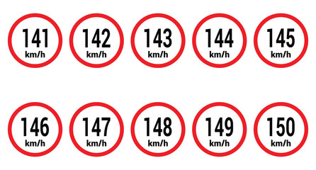 Speed limit sign 141, 142, 143, 144, 145, 146, 147, 148, 149 and 150 km h icon vector design illustration set