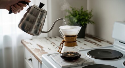 Morning coffee ritual with pour over brewing method. Hand pouring hot water from a gooseneck kettle. Specialty coffee preparation in a modern kitchen for a fresh caffeine boost
